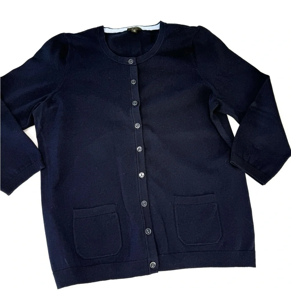 Talbots Navy Blue Cardigan 3/4 Sleeve Pima Cotton Cardigan Sweater Sz LP